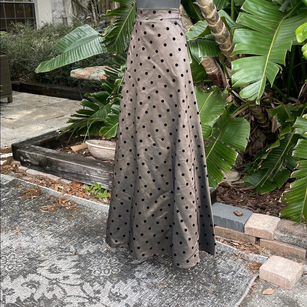 bronze, gold and flocked velvet polkadot taffeta maxi skirt
